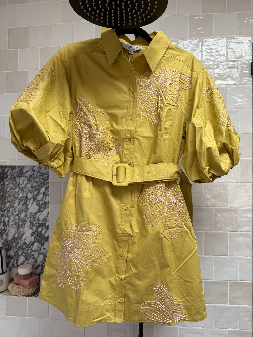 Chartreuse Embroidered Belted Mini Dress